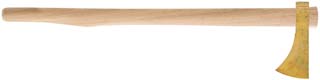 Iroquois Tomahawk,
2-7/8" edge, wax cast of real brass,
cast-in correct period floral engraving,
tapered 22" hickory handle,
made in the U.S.A.